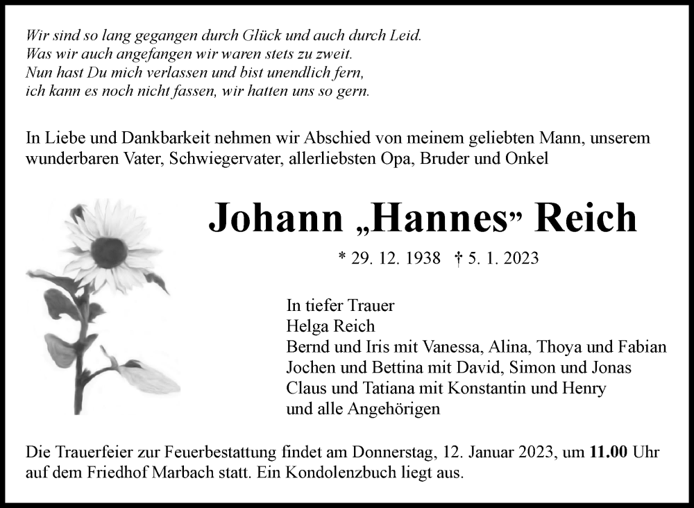  Traueranzeige für Johann Reich vom 11.01.2023 aus Marbacher Zeitung