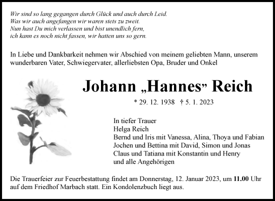 Traueranzeige von Johann Reich von Marbacher Zeitung