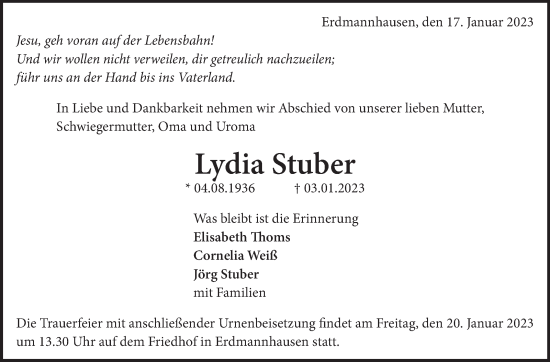 Traueranzeige von Lydia Stuber von Marbacher Zeitung