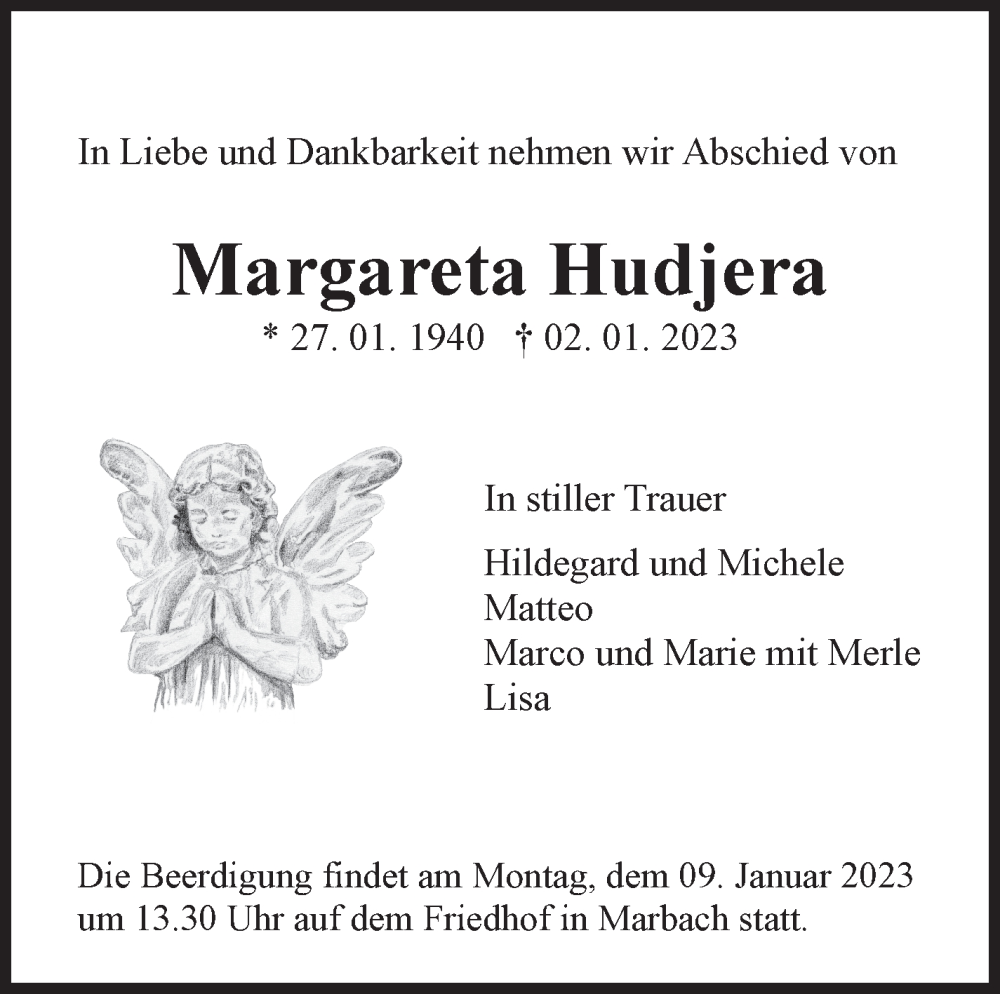  Traueranzeige für Margareta Hudjera vom 05.01.2023 aus Marbacher Zeitung