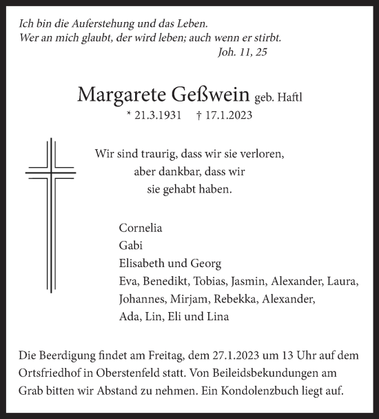 Traueranzeige von Margarete Geßwein von Marbacher Zeitung