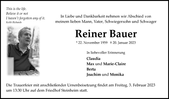 Traueranzeige von Reiner Bauer von Marbacher Zeitung