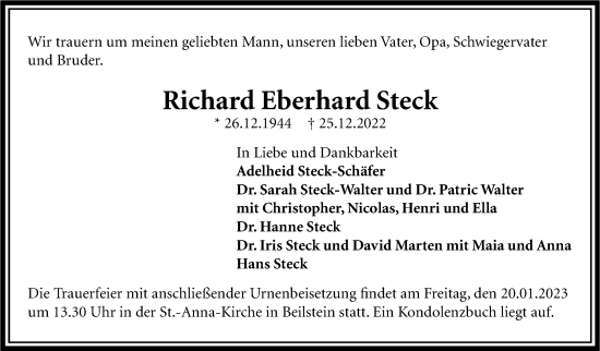 Traueranzeige von Richard Eberhard Steck von Marbacher Zeitung