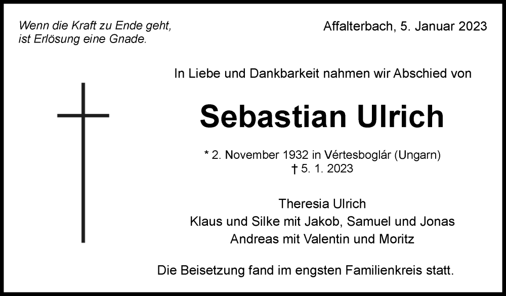  Traueranzeige für Sebastian Ulrich vom 18.01.2023 aus Marbacher Zeitung