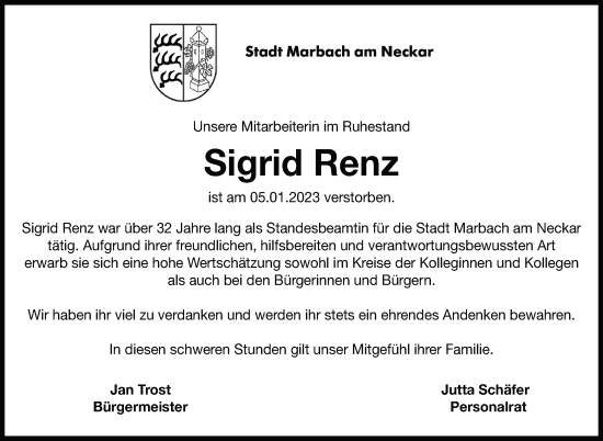 Traueranzeige von Sigrid Renz von Marbacher Zeitung
