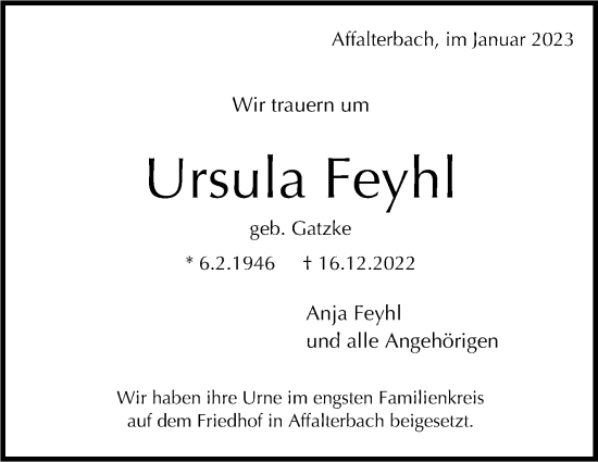 Traueranzeige von Ursula Feyhl von Marbacher Zeitung