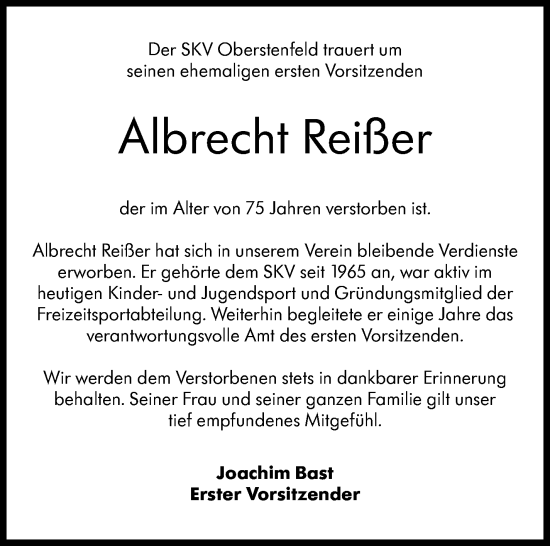 Traueranzeige von Albrecht Reißer von Marbacher Zeitung