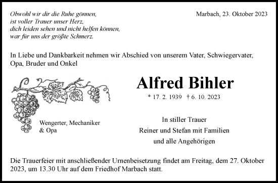 Traueranzeige von Alfred Bihler von Marbacher Zeitung