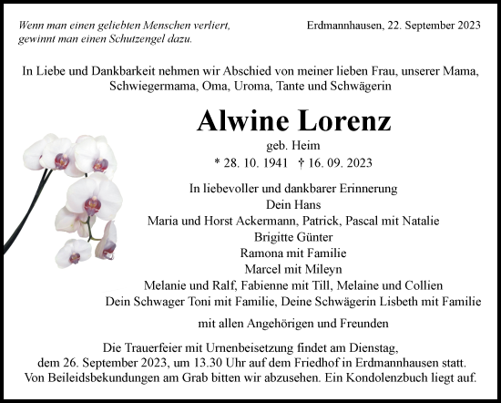 Traueranzeige von Alwine Lorenz von Marbacher Zeitung