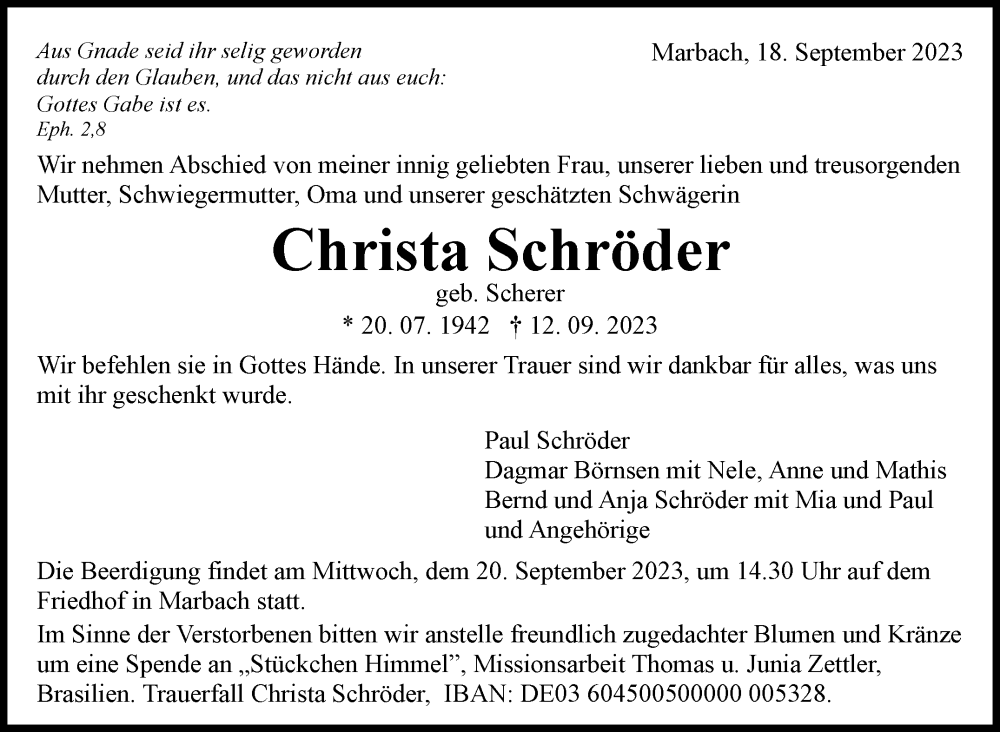  Traueranzeige für Christa Schröder vom 18.09.2023 aus Marbacher Zeitung