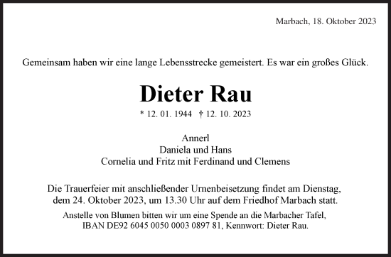 Traueranzeige von Dieter Rau von Marbacher Zeitung