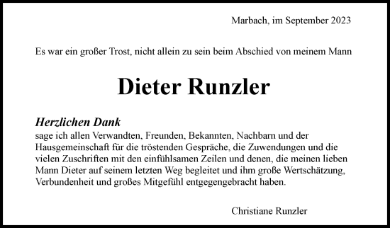 Traueranzeige von Dieter Runzler von Marbacher Zeitung
