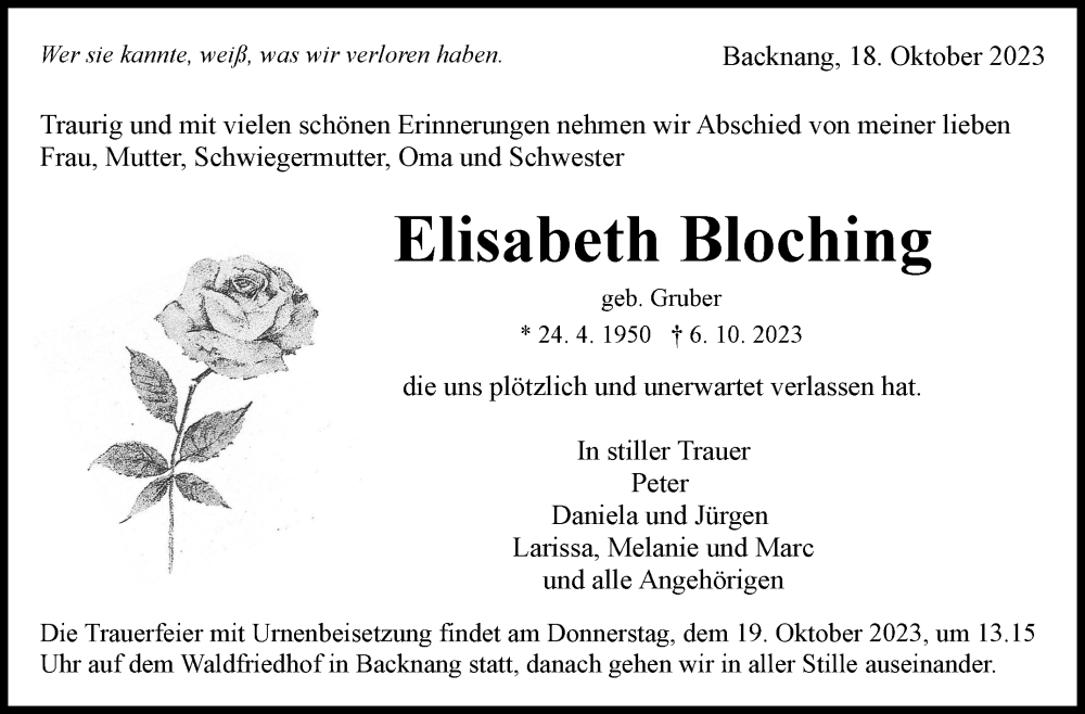  Traueranzeige für Elisabeth Bloching vom 18.10.2023 aus Marbacher Zeitung