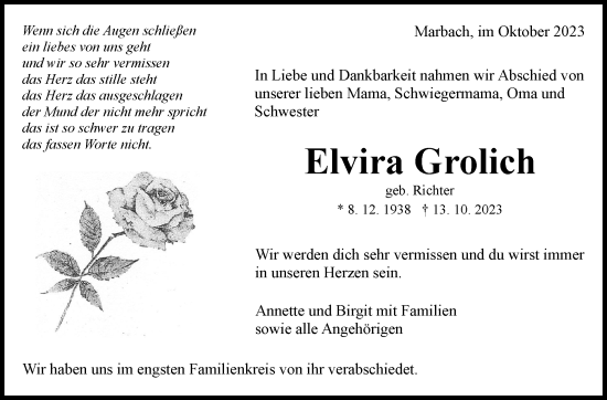 Traueranzeige von Elvira Grolich von Marbacher Zeitung