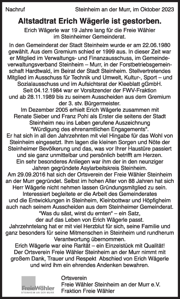  Traueranzeige für Erich Wägerle vom 23.10.2023 aus Marbacher Zeitung