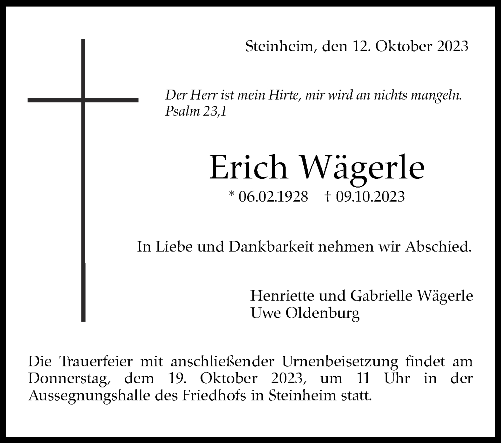  Traueranzeige für Erich Wägerle vom 16.10.2023 aus Marbacher Zeitung