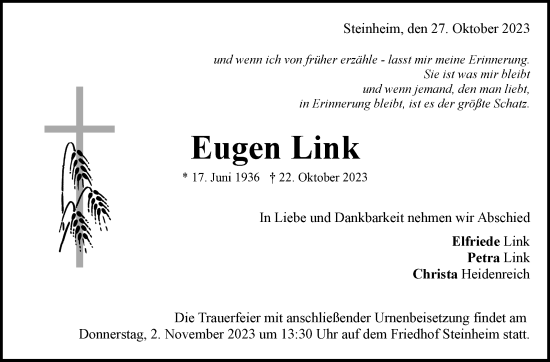 Traueranzeige von Eugen Link von Marbacher Zeitung