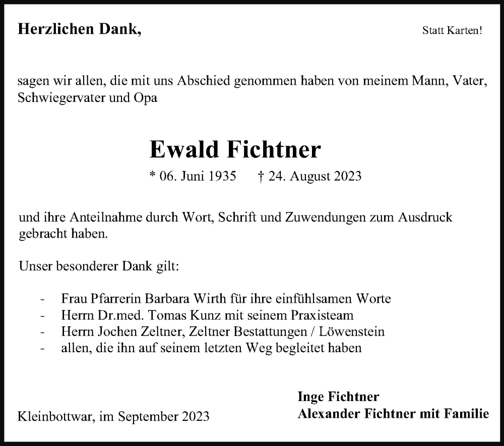  Traueranzeige für Ewald Fichtner vom 28.09.2023 aus Marbacher Zeitung