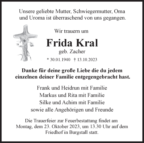 Traueranzeige von Frida Kral von Marbacher Zeitung