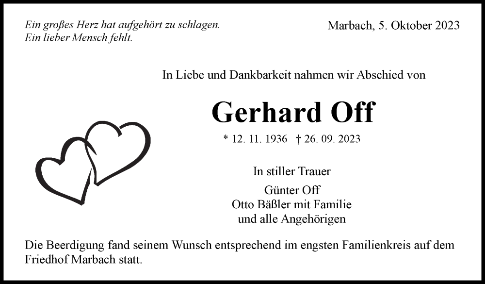  Traueranzeige für Gerhard Off vom 05.10.2023 aus Marbacher Zeitung