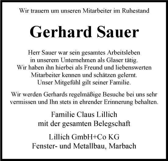 Traueranzeige von Gerhard Sauer von Marbacher Zeitung