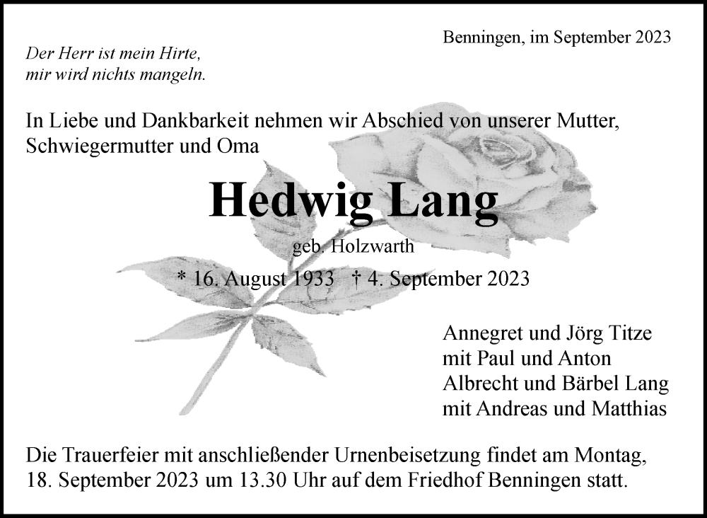 Traueranzeige für Hedwig Lang vom 13.09.2023 aus Marbacher Zeitung