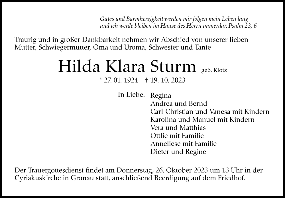  Traueranzeige für Hilda Klara Sturm vom 25.10.2023 aus Marbacher Zeitung