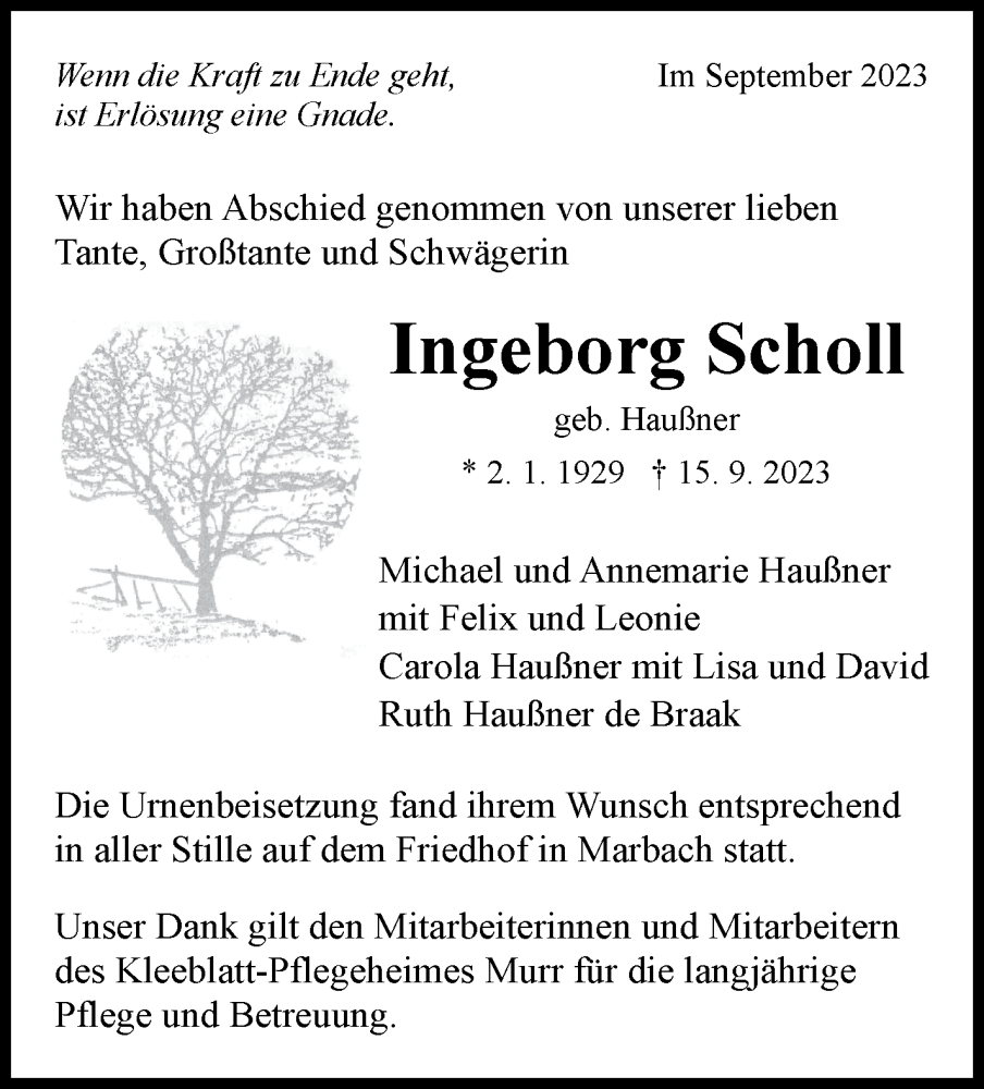  Traueranzeige für Ingeborg Scholl vom 02.10.2023 aus Marbacher Zeitung