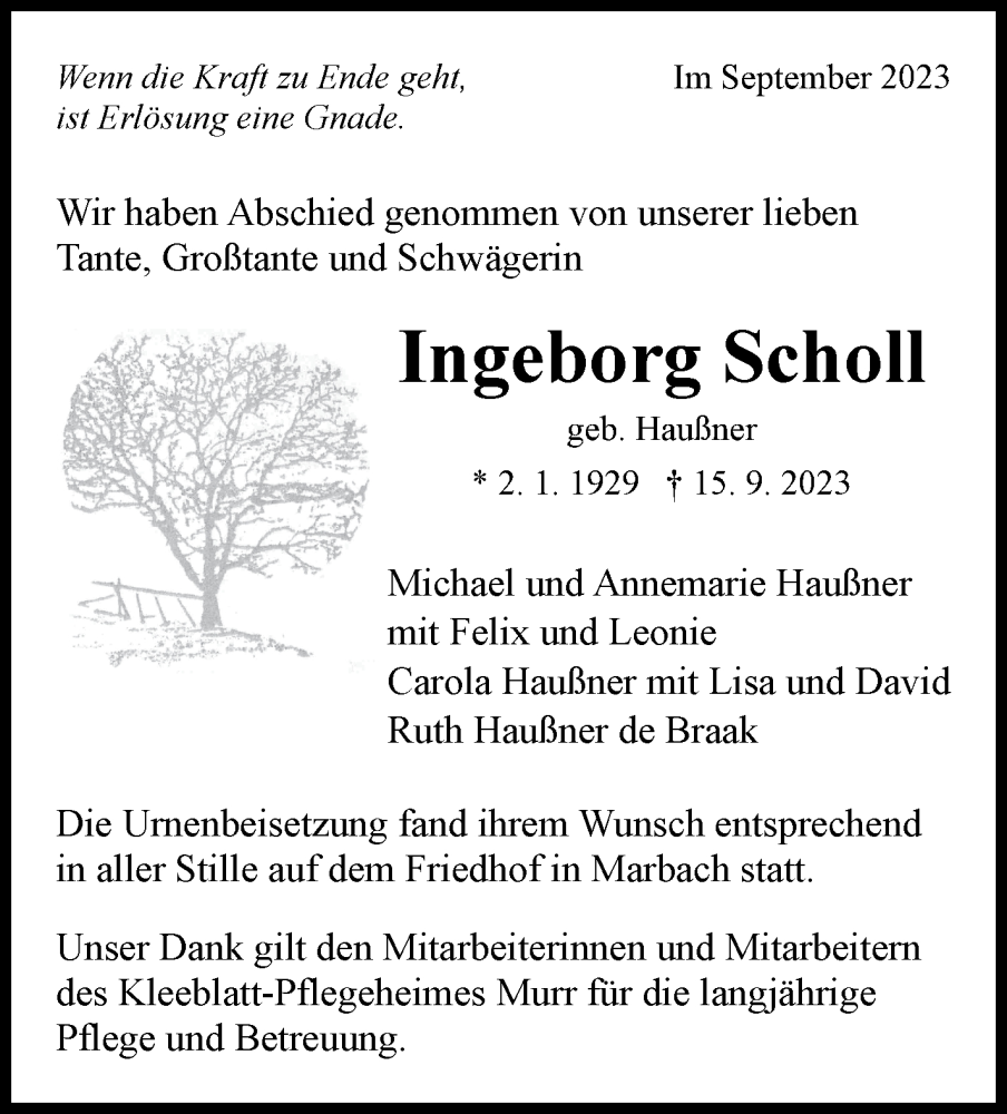  Traueranzeige für Ingeborg Scholl vom 02.10.2023 aus Marbacher Zeitung