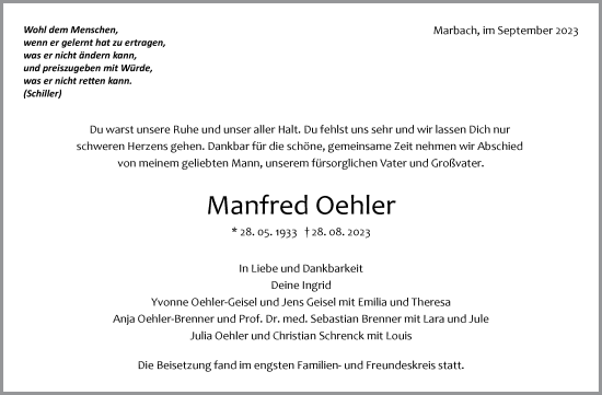 Traueranzeige von Manfred Oehler von Marbacher Zeitung