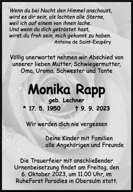 Traueranzeige von Monika Rapp von Marbacher Zeitung