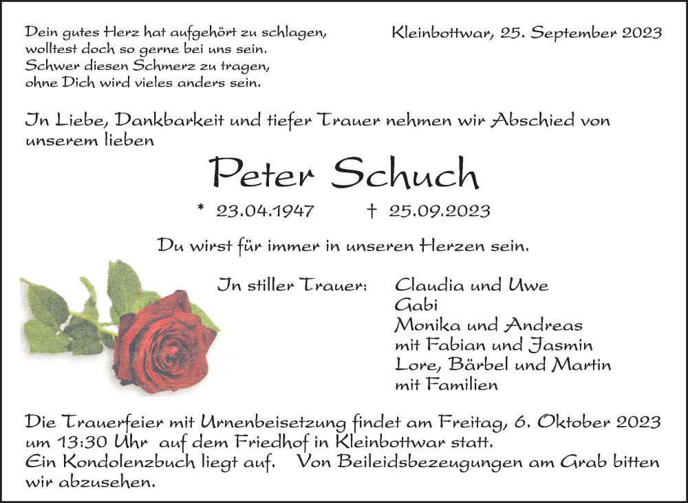  Traueranzeige für Peter Schuch vom 02.10.2023 aus Marbacher Zeitung