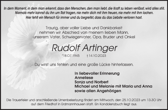 Traueranzeige von Rudolf Artinger von Marbacher Zeitung