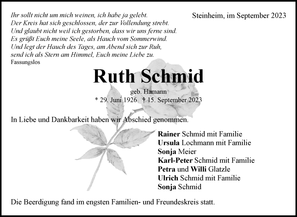  Traueranzeige für Ruth Schmid vom 25.09.2023 aus Marbacher Zeitung