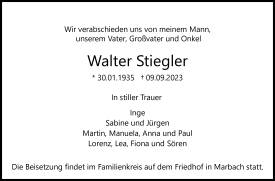 Traueranzeige von Walter Stiegler von Marbacher Zeitung