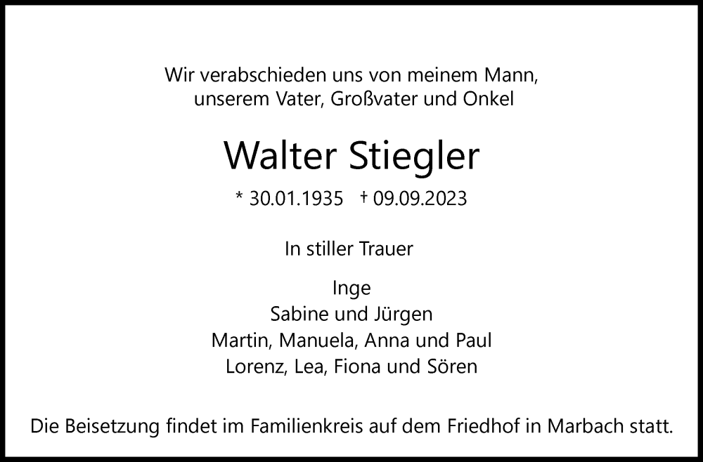  Traueranzeige für Walter Stiegler vom 14.09.2023 aus Marbacher Zeitung