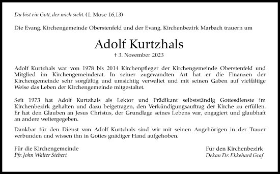 Traueranzeige von Adolf Kurtzhals von Marbacher Zeitung