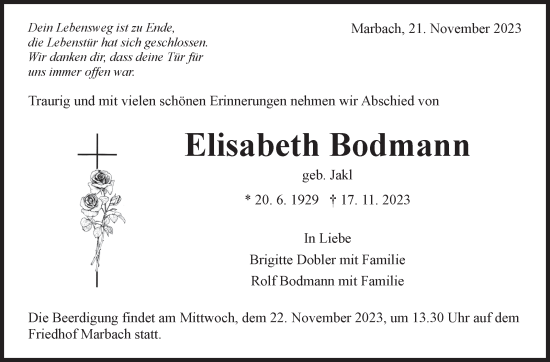 Traueranzeige von Elisabeth Bodmann von Marbacher Zeitung