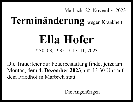 Traueranzeige von Ella Hofer von Marbacher Zeitung