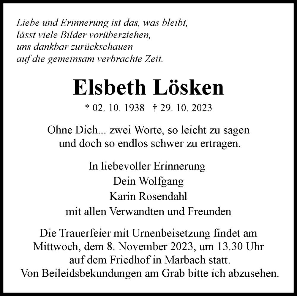  Traueranzeige für Elsbeth Lösken vom 03.11.2023 aus Marbacher Zeitung