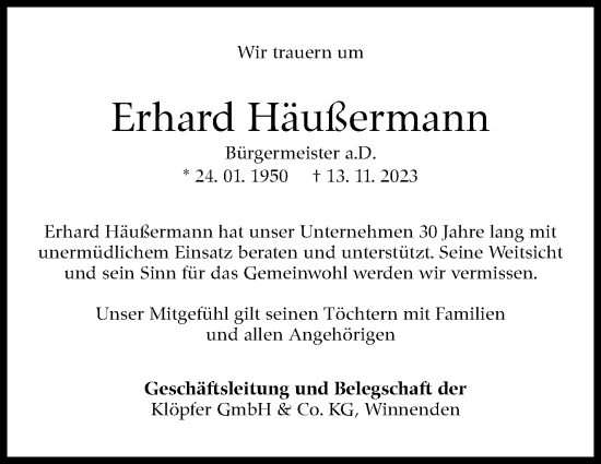 Traueranzeige von Erhard Häußermann von Marbacher Zeitung