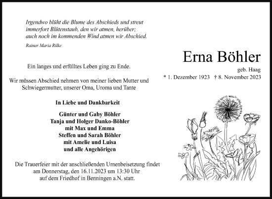 Traueranzeige von Erna Böhler von Marbacher Zeitung