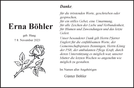 Traueranzeige von Erna Böhler von Marbacher Zeitung