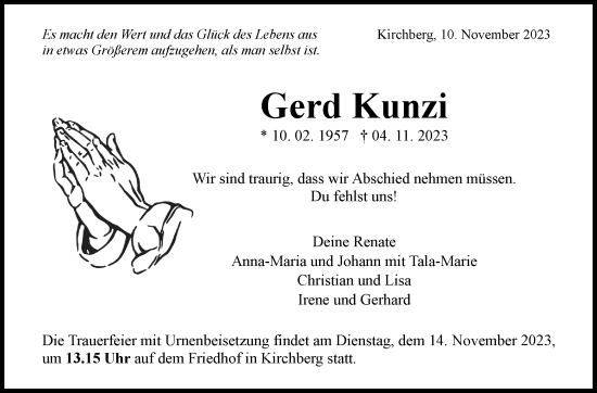Traueranzeige von Gerd Kunzi von Marbacher Zeitung
