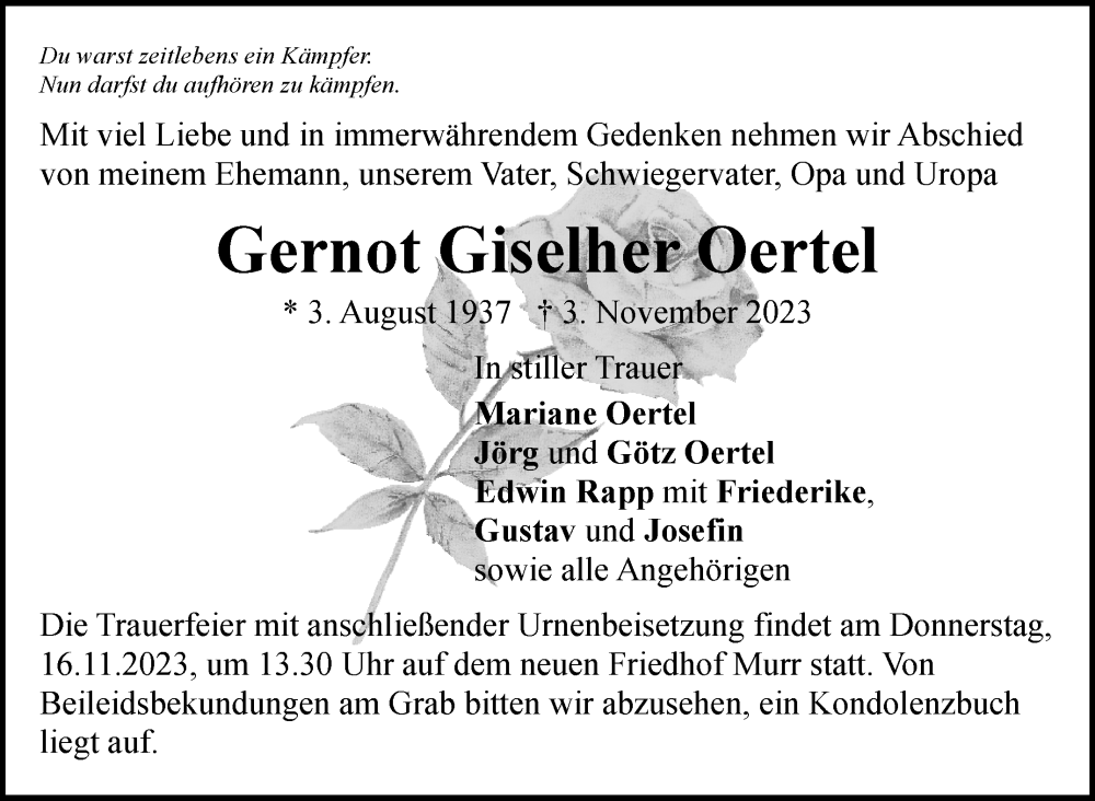 Traueranzeige für Gernot Giselher Oertel vom 10.11.2023 aus Marbacher Zeitung
