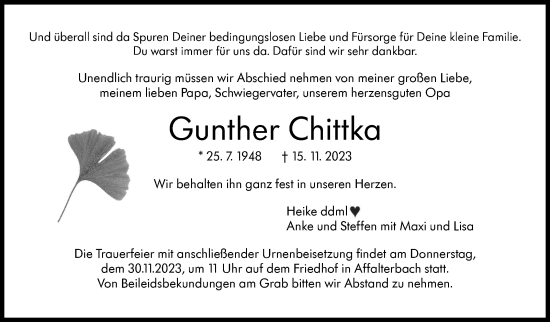 Traueranzeige von Gunther Chittka von Marbacher Zeitung