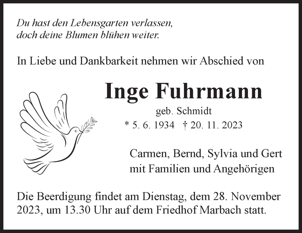  Traueranzeige für Inge Fuhrmann vom 24.11.2023 aus Marbacher Zeitung