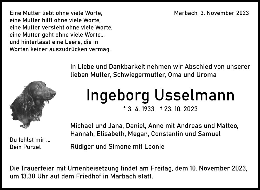  Traueranzeige für Ingeborg Usselmann vom 03.11.2023 aus Marbacher Zeitung