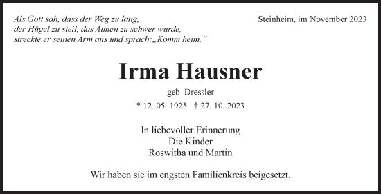 Traueranzeige von Irma Hausner von Marbacher Zeitung
