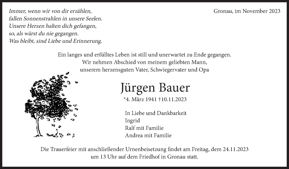  Traueranzeige für Jürgen Bauer vom 17.11.2023 aus Marbacher Zeitung